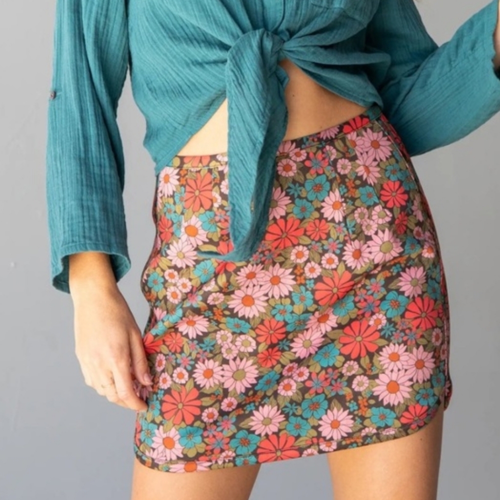 NATURAL LIFE Floral Rachel Mini Skirt, S/Med, Zip, Boho Midi Fitted Bodycon